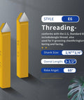 Carbide-tipped lathe cutters, yellow, front and side views of two tools with silver tips.