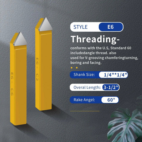 Carbide-tipped lathe cutters, yellow, front and side views of two tools with silver tips.