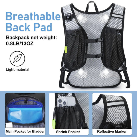 Ultra Lightweight Hydration Backpack for Runners and Cyclists, mesh back, 2L bladder pocket, phone pocket, reflective marker