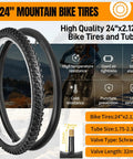 2 Pack 24 Inch Mountain Bike Tire Set Foldable Puncture Resistant Tires With 24 By 1.75 2.125 Inch Tubes And Repair Tool Kit For Off Road Riding Ready For Rough Trails displayed with features.