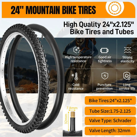 2 Pack 24 Inch Mountain Bike Tire Set Foldable Puncture Resistant Tires With 24 By 1.75 2.125 Inch Tubes And Repair Tool Kit For Off Road Riding Ready For Rough Trails displayed with features.