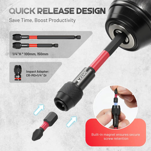 14 Piece Impact Socket Adapter Kit With Quick Release Extensions, Magnetic Drill Bit Extensions, And Swivel Joints shown with usage example