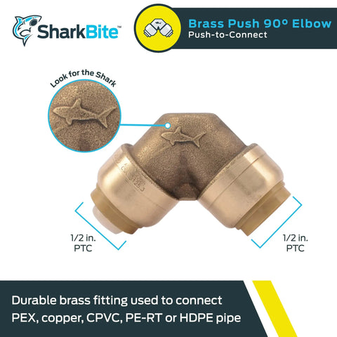 Push To Connect Half Inch Ninety Degree Brass Elbow Fitting For PEX Copper CPVC displayed against white background.