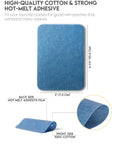 Denim Iron-On Patch Kit With 12 Patches In Three Blue Shades For Inside And Outside Glue Durable Repair For Jeans And Jackets Three Inch By Four And A Quarter Inch Easy DIY Embellishment To Patch Holes And Level Up Your Style. blue denim iron-on patch, 3 x 4.25 in, cotton front with hot-melt adhesive