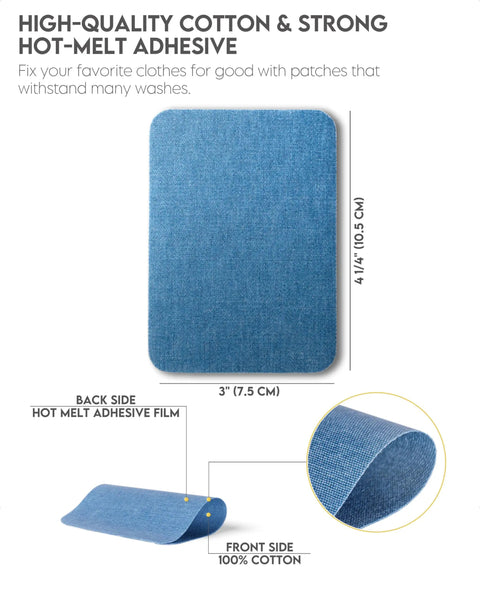 Denim Iron-On Patch Kit With 12 Patches In Three Blue Shades For Inside And Outside Glue Durable Repair For Jeans And Jackets Three Inch By Four And A Quarter Inch Easy DIY Embellishment To Patch Holes And Level Up Your Style. blue denim iron-on patch, 3 x 4.25 in, cotton front with hot-melt adhesive