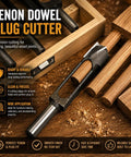 Heavy Duty Wood Tenon Plug Cutter And Three Quarter Inch Dowel Maker Drill Bit Featuring Slick Shear Angle Tips No Fuss Design Hardened Steel on wooden surface with dowels.