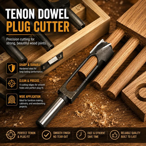 Heavy Duty Wood Tenon Plug Cutter And Three Quarter Inch Dowel Maker Drill Bit Featuring Slick Shear Angle Tips No Fuss Design Hardened Steel on wooden surface with dowels.