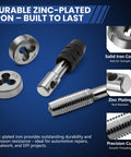 Close-up of components from 80 Piece Tap And Die Set SAE And Metric For Internal And External Threads, Pro Grade Threading Tool Kit.