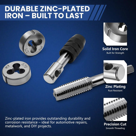 Close-up of components from 80 Piece Tap And Die Set SAE And Metric For Internal And External Threads, Pro Grade Threading Tool Kit.