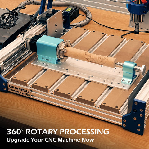 Rotary Module Kit For Prover XL 4030 V2 CNC Router with NEMA23 stepper motor and 4 jaw chuck on a wooden base.