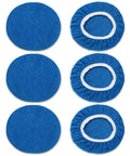 Six Piece Blue Microfiber Buffing Pads Fits Nine To Ten Inch Orbital Buffer And Polisher Slick Finish Bonnets For Car Detailing And Paint Correction Heavy Duty Garage Go To Tools No Fuss Work - Display of flat and fitted pads.