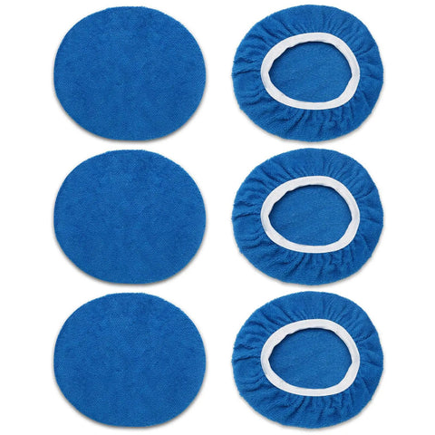 Six Piece Blue Microfiber Buffing Pads Fits Nine To Ten Inch Orbital Buffer And Polisher Slick Finish Bonnets For Car Detailing And Paint Correction Heavy Duty Garage Go To Tools No Fuss Work - Display of flat and fitted pads.