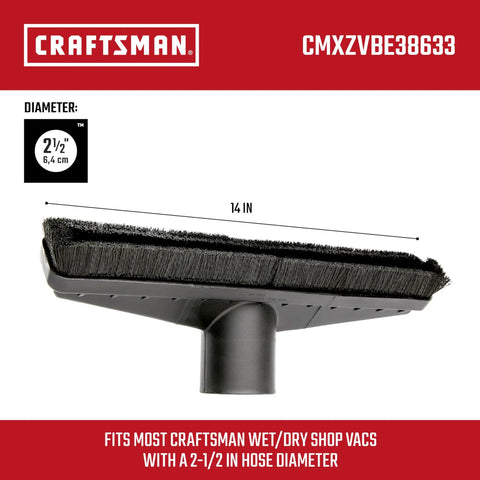 Floor Brush Attachment For Two And Half Inch Wet Dry Vac With Industrial Grade Fourteen Inch Wide Brush, close-up view.