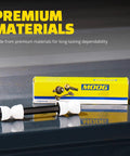 Front view of MOOG suspension stabilizer bar link kit; yellow MOOG box, black metal link, white bushings