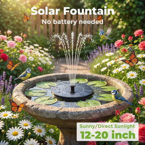 Solar Fountain Pump With Six Nozzles, 2026 Upgraded High-Efficiency Solar Panel, Starts In Seconds Under Direct Sunlight in a garden bird bath.