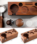 Kickass Espresso Organizer And Height Adjustable Tamping Station For 51mm 54mm And 58mm Portafilters Solid Wood Coffee Counter showing top view with portafilter and accessories.