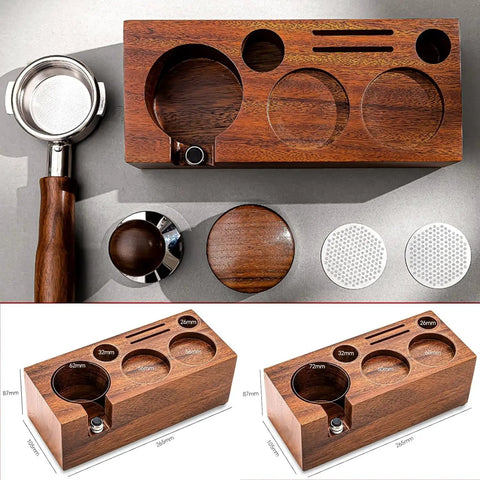 Kickass Espresso Organizer And Height Adjustable Tamping Station For 51mm 54mm And 58mm Portafilters Solid Wood Coffee Counter showing top view with portafilter and accessories.
