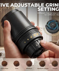 Portable All-In-One Coffee Maker With Built-In Battery And Grinder showing adjustable grind settings and ceramic grinding core.