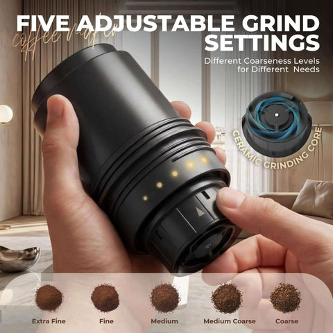 Portable All-In-One Coffee Maker With Built-In Battery And Grinder showing adjustable grind settings and ceramic grinding core.