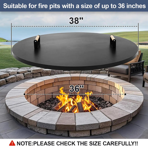 Round 38 Inch Fire Pit Lid Cover With Wooden Handles For Patio Fire Pits Heavy Duty Rust Resistant 1.5mm Metal Lid