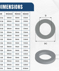 Dimensions chart of Heavy Duty 225 Piece Stainless Steel Washer Set, 304 Grade, 15 Sizes From M3 To M12 with diagrams.