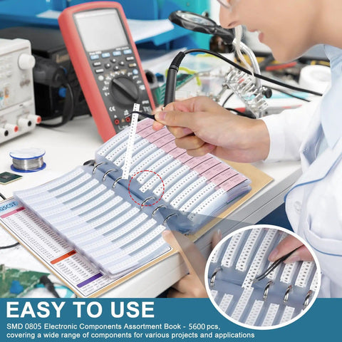 Extensive SMD Electronics Component Kit With 5600 Pieces Including 0805 Resistors for DIY nerds and makers, open on desk.