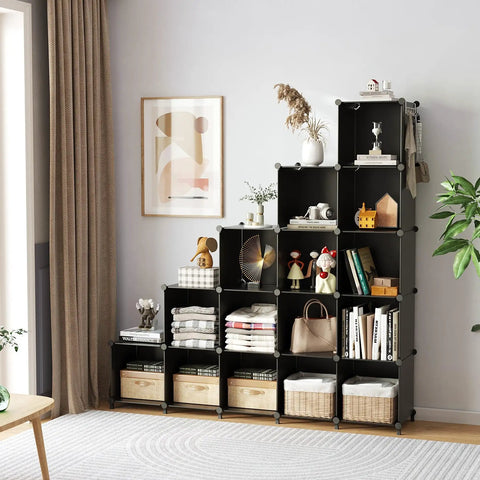 Boss 16 Cube Storage Organizer System for Closet and Bedroom DIY Stackable Shelving Units arranged in living room