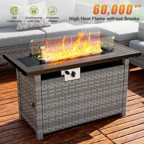 44 Inch Outdoor Fire Pit Table With Wind Guard And Auto Ignition Propane Gas Fire Pit 60,000 BTU Gray Rattan Rectangular Table