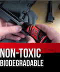 Application of All-Conditions Synthetic Gun Lube CLP for Rifles Pistols Shotguns, 16-Ounce Trigger Spray on firearm part.