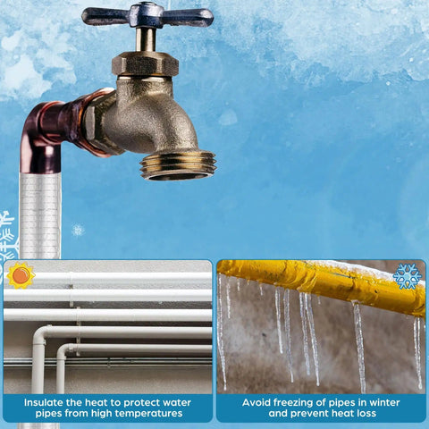 Outdoor spigot with Eight Three Foot Pipe Insulation Foam Tubes With Self Adhesive Foam Wrap Includes A Roll Aluminum Foil Tape And 25 Cable Ties For Outdoor Winter Irrigation Spigot And Sprinkler Protection No Fuss Inner Diameter Three Quarter Inch preventing freezing.