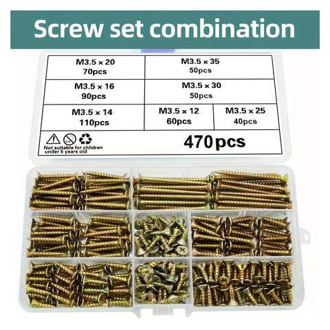 470 Piece M3.5 Zinc Plated Phillips Flat Head Wood Screw Assortment Kit With Seven Lengths, Self Tapping Fasteners For DIY Projects, Handy Box Of Phillips Drive Wood Screws For Furniture And Deck Repairs. 470pcs organizer box with M3.5 zinc plated wood screws