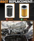 Direct replacement with before and after filters, showcasing Go-To CVT Transmission Filter And Oil Pan Gasket Kit 31728-29X0D for Nissan.