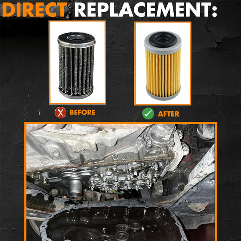 Direct replacement with before and after filters, showcasing Go-To CVT Transmission Filter And Oil Pan Gasket Kit 31728-29X0D for Nissan.