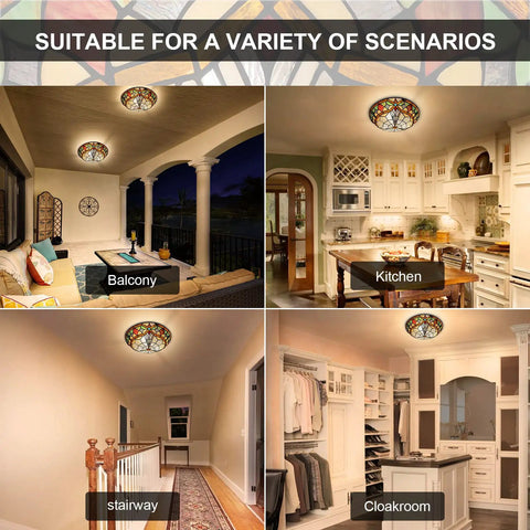 Tiffany Style 3 Light Ceiling Fixture, 16 Inch Stained Glass Flush Mount in balcony, kitchen, stairway, and cloakroom