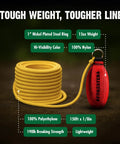 Fifteen Oz Pro Arborist Throw Line Kit With 150 Ft Polyethylene Line One Eighth Inch Rope Heavy Duty Throw Weight And Storage Bag For Fast Easy Tree Work, showing yellow coiled rope and red throw weight.