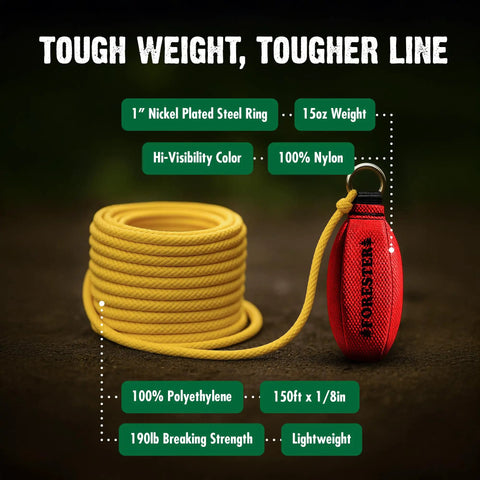 Fifteen Oz Pro Arborist Throw Line Kit With 150 Ft Polyethylene Line One Eighth Inch Rope Heavy Duty Throw Weight And Storage Bag For Fast Easy Tree Work, showing yellow coiled rope and red throw weight.