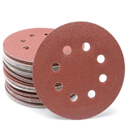 Stacked 5-inch sanding discs with 8-hole pattern made from pro grade aluminum oxide for random orbital sander, 35 piece set.