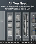 60 In 1 Precision Screwdriver Set With Magnetic Pop Up Case CRV Bits Mini Drivers organized in a compact gray storage case