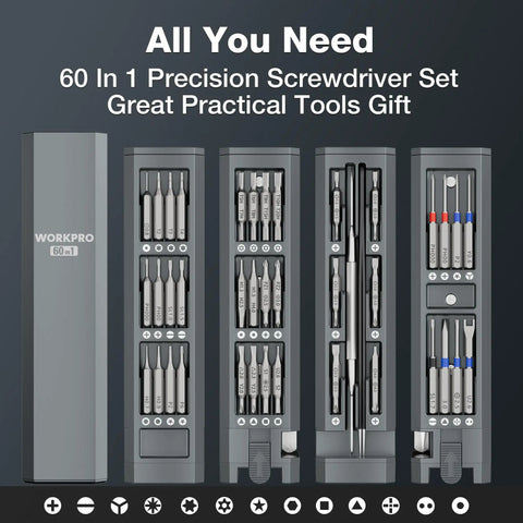 60 In 1 Precision Screwdriver Set With Magnetic Pop Up Case CRV Bits Mini Drivers organized in a compact gray storage case