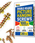 Double Headed Claw Hanger Screws For Picture Frames And Mirrors Gold Finish in packaging and loose view