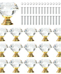 16 Pack Slick Crystal Cabinet Knobs With 30mm Diamond Glass Pull Handles And Polished Gold Base, Clear Dresser Knobs For A Fresh Home Vibe Upgrade, Includes Long And Short Screws laid out with screws and washers.