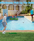 Poolside setup with Floating Golf Green For Pool And Lake With Dual Cup Design Chipping Mat Ball Retriever and Anti Drift Ropes