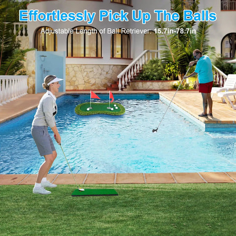 Poolside setup with Floating Golf Green For Pool And Lake With Dual Cup Design Chipping Mat Ball Retriever and Anti Drift Ropes