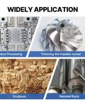 Collage showing applications including mold processing, impeller trimming, sculpture, and burr removal for carbide burr set