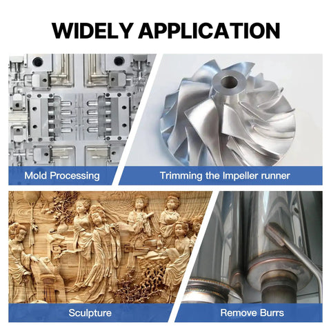 Collage showing applications including mold processing, impeller trimming, sculpture, and burr removal for carbide burr set