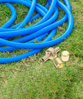 Ditch The Leaky Hose Old Fittings And Grab This Brass 1/2 Inch Barb Repair Kit With Secure Fixing Ring For Super Durable Car Washing And Garden Water Connection That Is Just The Thing You Need. Brass hose repair kit on grass with blue garden hose and fittings