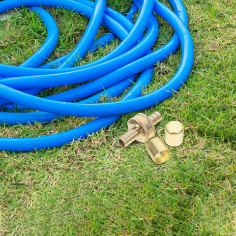 Ditch The Leaky Hose Old Fittings And Grab This Brass 1/2 Inch Barb Repair Kit With Secure Fixing Ring For Super Durable Car Washing And Garden Water Connection That Is Just The Thing You Need. Brass hose repair kit on grass with blue garden hose and fittings