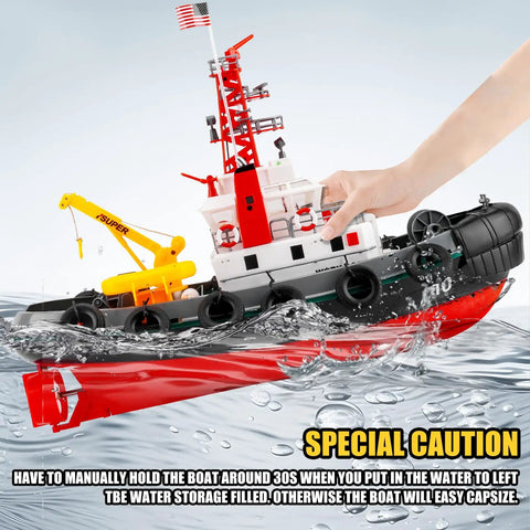 RC Fire Rescue Boat With 2 4GHz Remote Water Spray Function Dual Rechargeable Batteries in water, hand stabilizing for pool or lake.