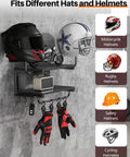 2-Tier Motorcycle Helmet Wall Mount Rack With Hat Stands, All-In-One Gear Storage Organizer in use displaying helmets and gloves.