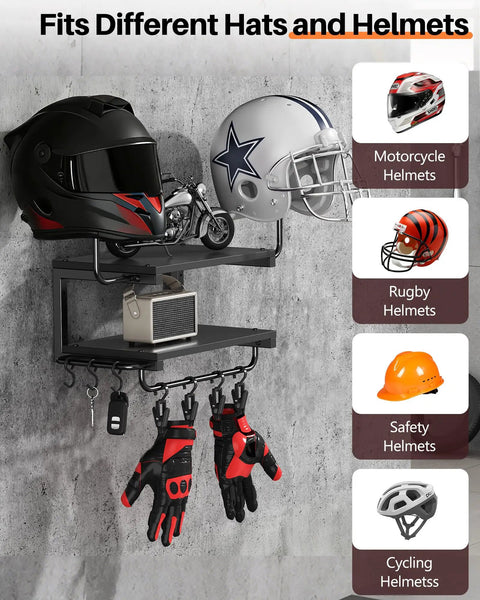 2-Tier Motorcycle Helmet Wall Mount Rack With Hat Stands, All-In-One Gear Storage Organizer in use displaying helmets and gloves.